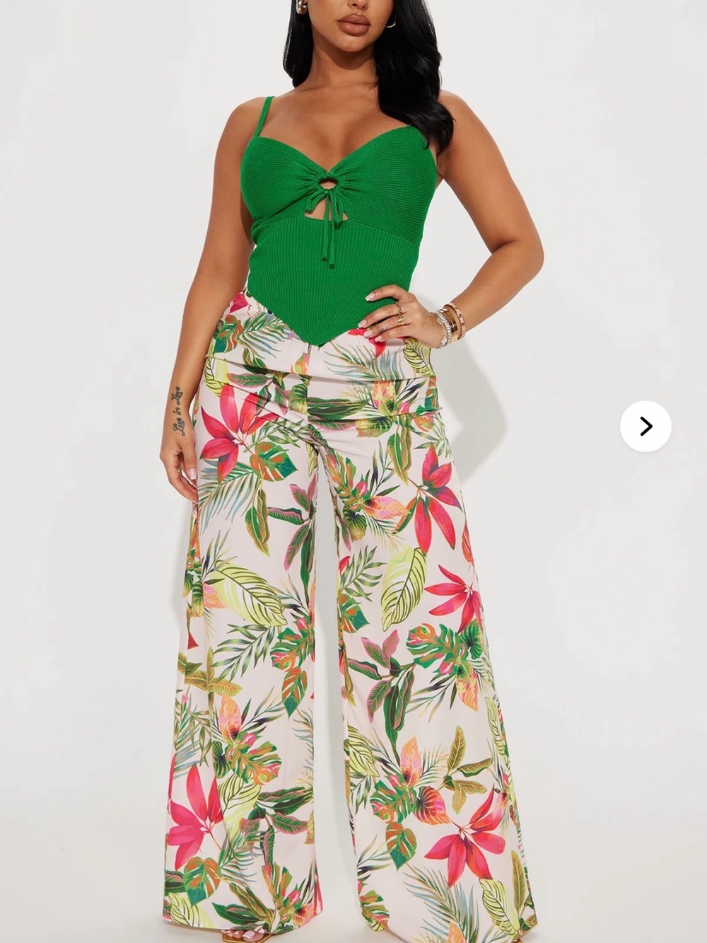 Fashion Nova Cream Wide Leg Tropical Print Pants with Pink & Green Floral